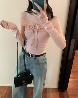 One-shoulder bow tie slim long-sleeved top