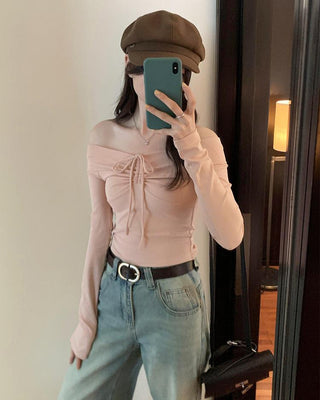 One-shoulder bow tie slim long-sleeved top