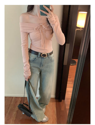 One-shoulder bow tie slim long-sleeved top