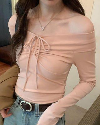One-shoulder bow tie slim long-sleeved top