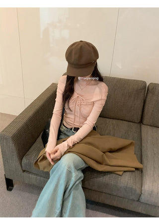 One-shoulder bow tie slim long-sleeved top