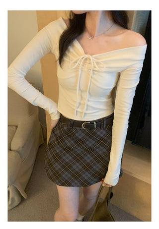 One-shoulder bow tie slim long-sleeved top