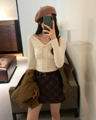 One-shoulder bow tie slim long-sleeved top