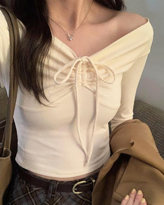 One-shoulder bow tie slim long-sleeved top