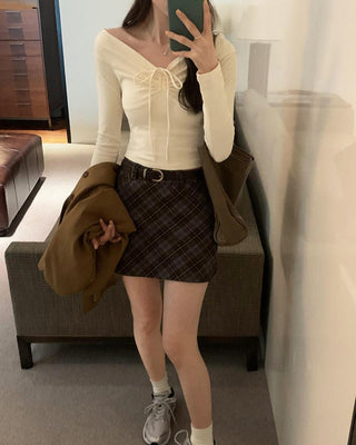 One-shoulder bow tie slim long-sleeved top