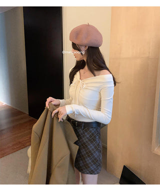 One-shoulder bow tie slim long-sleeved top