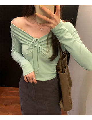 One-shoulder bow tie slim long-sleeved top