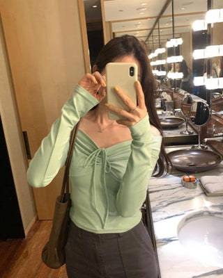 One-shoulder bow tie slim long-sleeved top