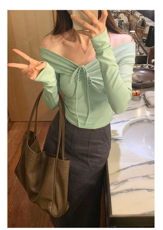 One-shoulder bow tie slim long-sleeved top