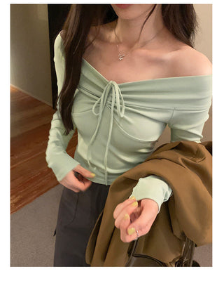 One-shoulder bow tie slim long-sleeved top