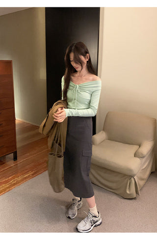 One-shoulder bow tie slim long-sleeved top