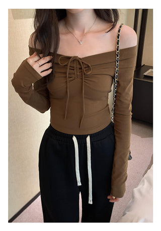 One-shoulder bow tie slim long-sleeved top