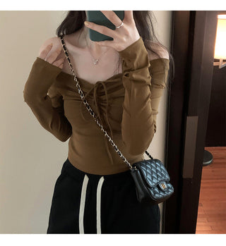 One-shoulder bow tie slim long-sleeved top