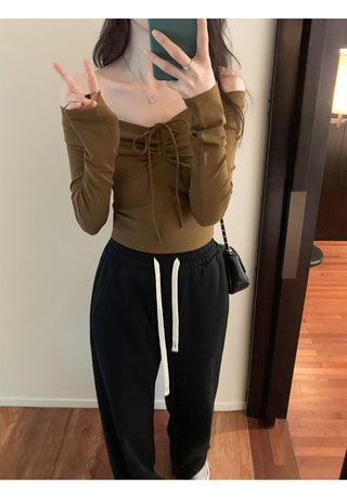 One-shoulder bow tie slim long-sleeved top