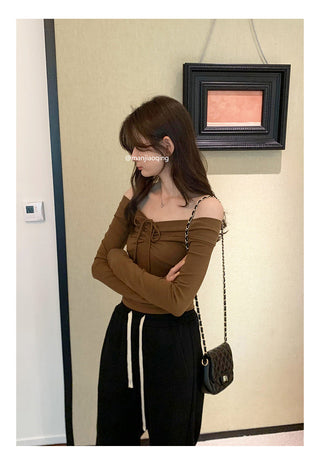 One-shoulder bow tie slim long-sleeved top