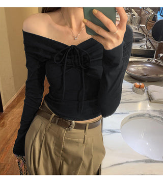 One-shoulder bow tie slim long-sleeved top