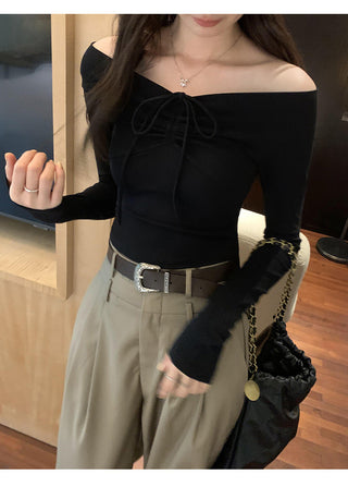 One-shoulder bow tie slim long-sleeved top