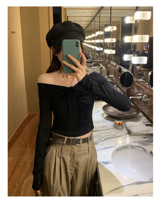 One-shoulder bow tie slim long-sleeved top