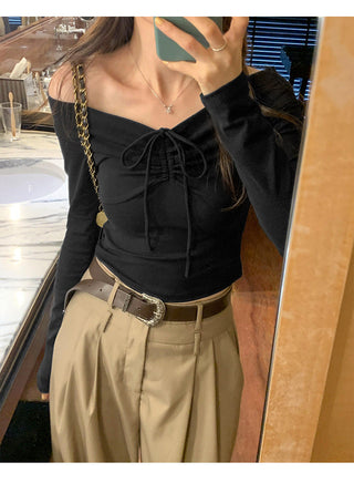 One-shoulder bow tie slim long-sleeved top