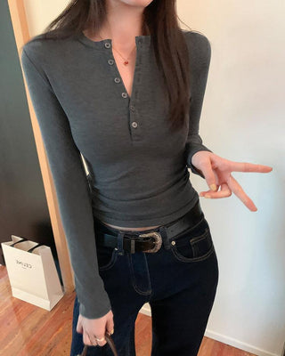 Half-breasted slim plus velvet long-sleeved T-shirt