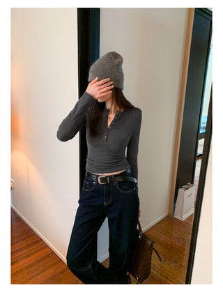Half-breasted slim plus velvet long-sleeved T-shirt