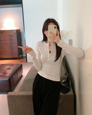 Half-breasted slim plus velvet long-sleeved T-shirt
