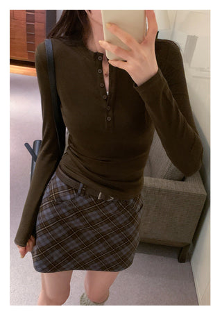 Half-breasted slim plus velvet long-sleeved T-shirt