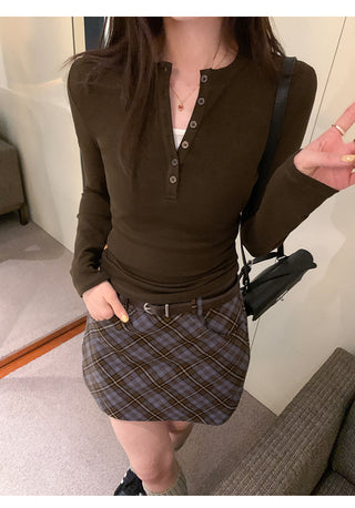 Half-breasted slim plus velvet long-sleeved T-shirt