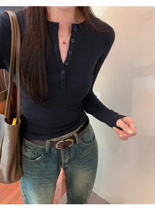 Half-breasted slim plus velvet long-sleeved T-shirt