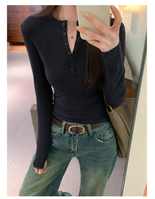 Half-breasted slim plus velvet long-sleeved T-shirt