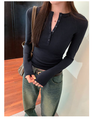 Half-breasted slim plus velvet long-sleeved T-shirt