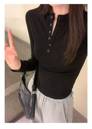 Half-breasted slim plus velvet long-sleeved T-shirt