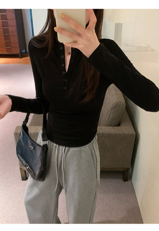 Half-breasted slim plus velvet long-sleeved T-shirt