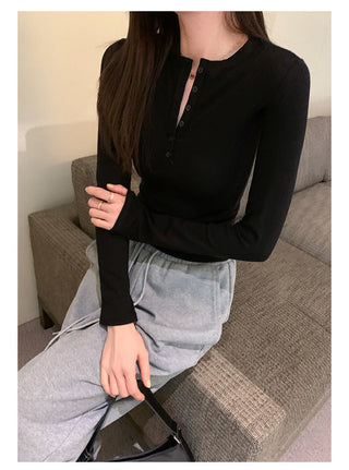 Half-breasted slim plus velvet long-sleeved T-shirt