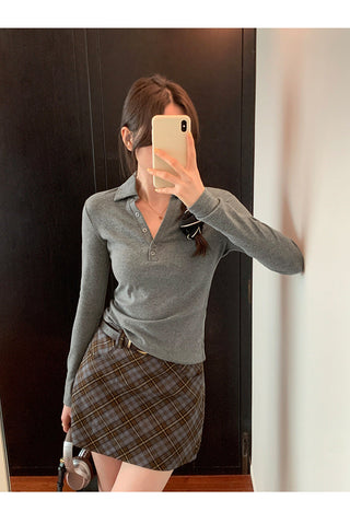 Polo collar embroidery slim fit top