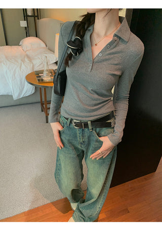 Polo collar embroidery slim fit top