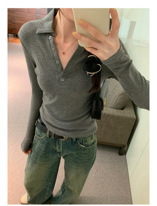 Polo collar embroidery slim fit top