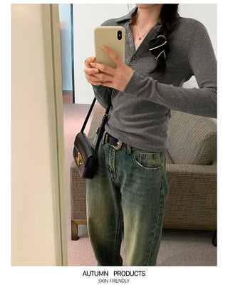 Polo collar embroidery slim fit top