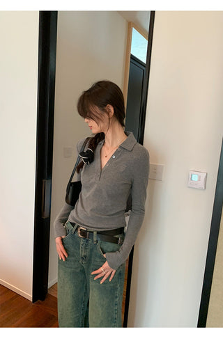 Polo collar embroidery slim fit top