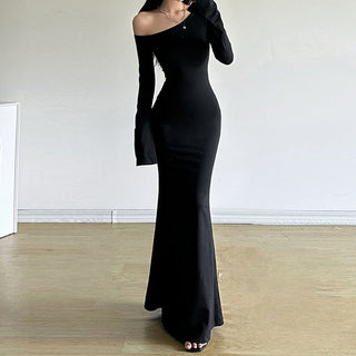 One collar trumpet long sleeve dress