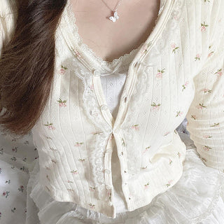 Floral lace stitching buttoned long-sleeved cardigan