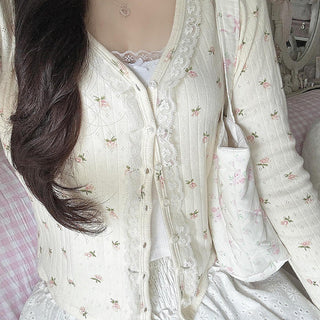 Floral lace stitching buttoned long-sleeved cardigan