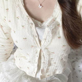 Floral lace stitching buttoned long-sleeved cardigan