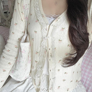 Floral lace stitching buttoned long-sleeved cardigan