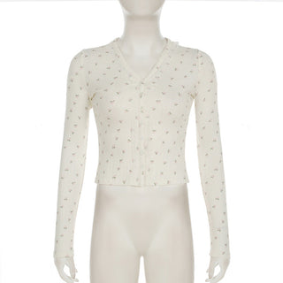 Floral lace stitching buttoned long-sleeved cardigan