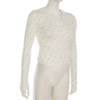 Floral lace stitching buttoned long-sleeved cardigan