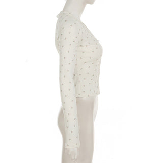 Floral lace stitching buttoned long-sleeved cardigan