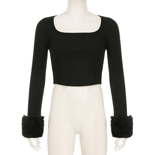 Fur patchwork design square collar slim top
