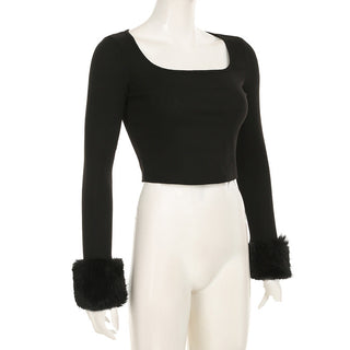 Fur patchwork design square collar slim top