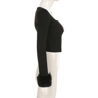 Fur patchwork design square collar slim top